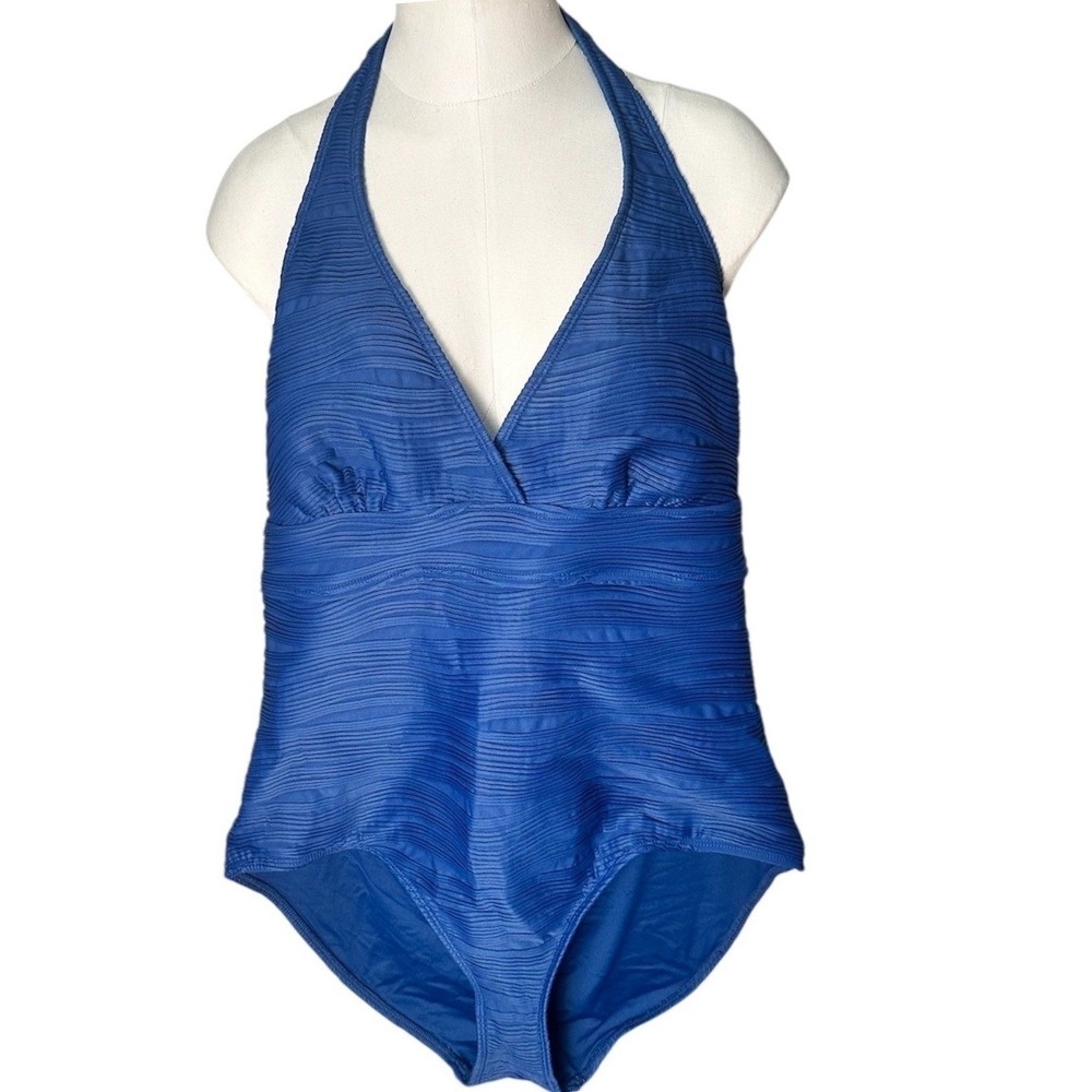 Anne Cole One Piece Swimsuit Women 14 Blue Textured Halter V-Neck Tummy Control